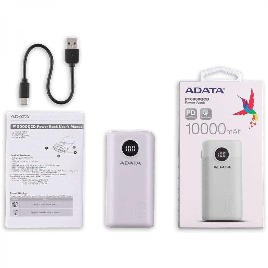 POWER BANK 10000 mAh ADATA P10000QCD WHITE