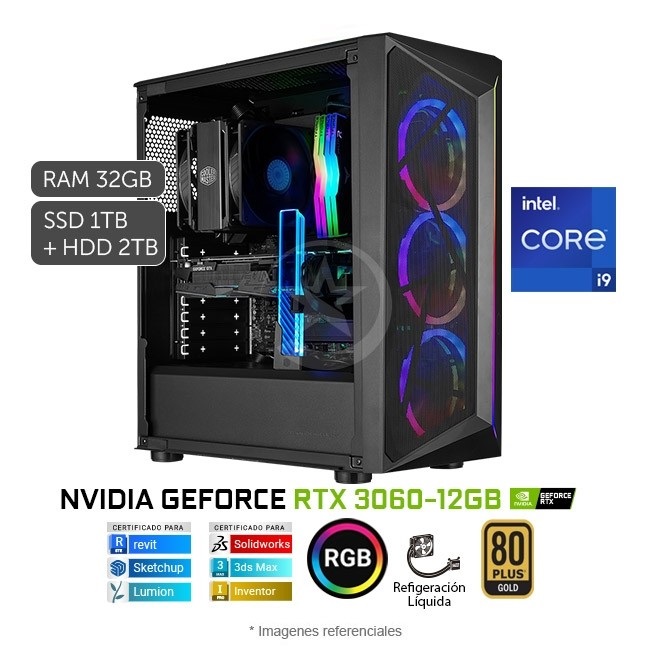 PC MAGIC EPIC Silver Gaming, Intel Core i9-13900K Hasta 5.8 GHz, RAM 32GB, SSD 1TB + HDD 2TB, Video 12GB NVIDIA GeForce RTX 3060, Enfriamiento Liquido ARGB