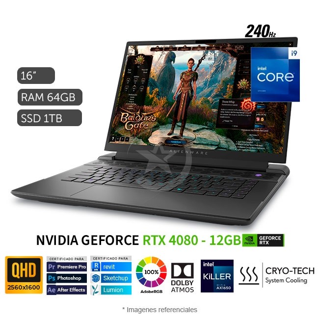 Laptop Dell Alienware M16 R1 Gaming, Intel Core i9-13900HX Hasta 5.4 GHz, RAM 64GB, SSD 2TB, Video 12GB NVIDIA RTX 4080, LED 16" QHD+ a 240Hz, Windows 11 Home