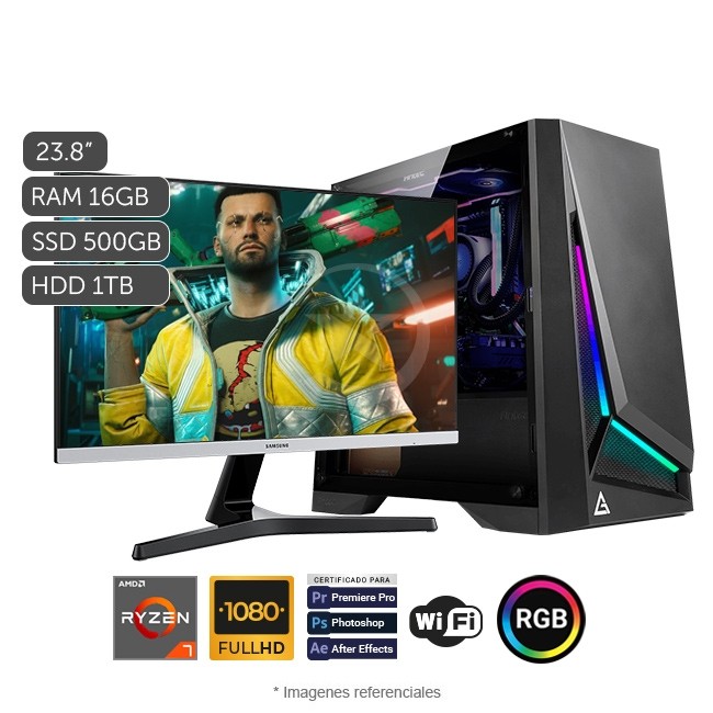 PC MAGIC Racing, AMD Ryzen 7 5700G 3.8 GHz, RAM 16GB, SSD 500GB + HDD 1TB, Monitor Gamer LED 24'' Full HD a 100 Hz, Wi-Fi, Teclado y mouse