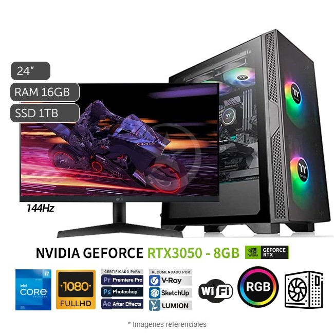 PC MAGIC Gold Elite Gaming, Intel Core i7-12700F 3.6 GHz, RAM 16GB, SSD 1TB, Video 8GB NVDIA RTX3050, Wi-Fi, Monitor Gamer LG UltraGear 24\'\' 144Hz