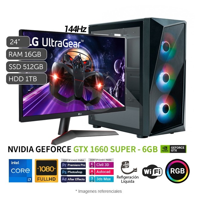 PC MAGIC Hydra Gold Gaming, Intel Core i7-11700K 3.6 GHz, RAM 16GB, SSD 512GB + HDD 1TB, Video 6GB GTX1660 SUPER, Wi-Fi, Monitor Gamer LG UltraGear 24\'\' 144Hz + Enfriamiento Liquido