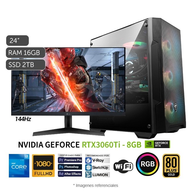 PC MAGIC Platinum Elite Gaming, Intel Core i7-12700F 3.6 GHz, RAM 16GB, SSD 2TB, Video 8GB NVIDIA RTX3060TI, Wi-Fi, Monitor Gamer LG UltraGear 24'' 144Hz