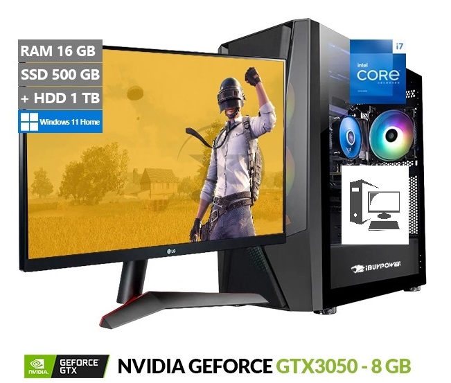 Combo-PC iBUYPOWER Rampage Gaming, Intel Core i7-13700F Hasta 5.2 GHz, RAM 16GB, SSD 500GB + HDD 1TB, Video 8GB NVIDIA RTX 3050, Wi-Fi 6, Windows 11 Home + Monitor Gamer LG UltraGear 24'' 144Hz