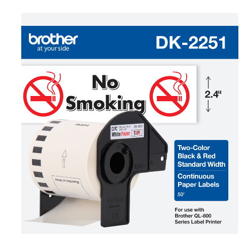 ROLLO CONTINUO BROTHER DK-2251 FONDO BLANCO LETRA ROJO/NEGRO 62MM X 15.2M