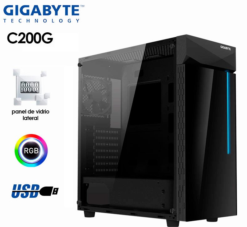 CASE GIGABYTE GB-C200G NEGRO C/VENTANA TRANSP. USB 3.0 ACERO PLASTICO